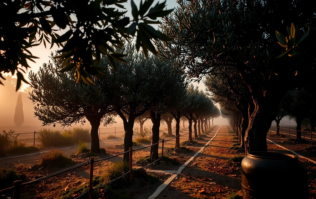 Mediterraner Olivenhain bei Dämmerung